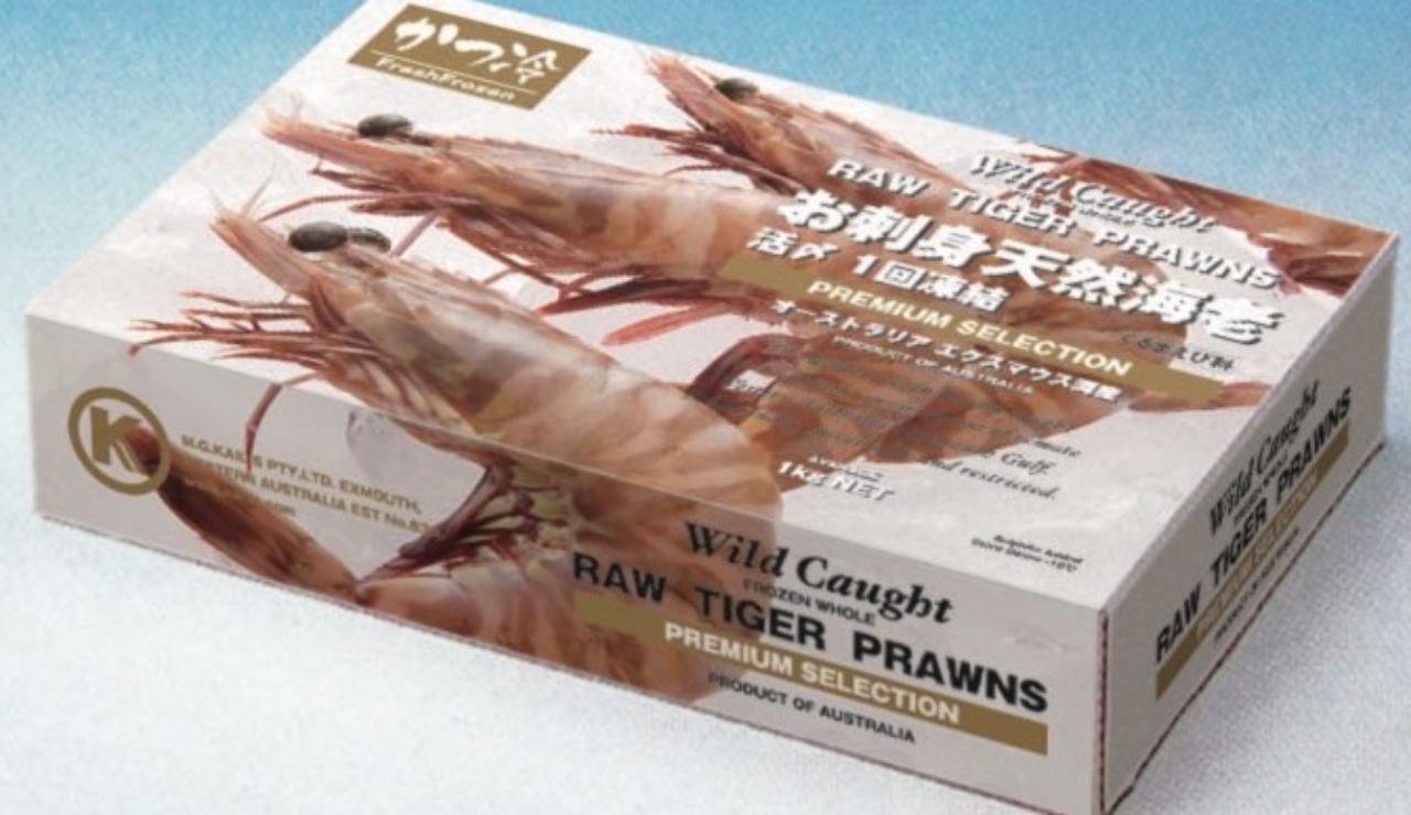 かつ冷　お刺身天然海老　オーストタイガー　1Kg（55尾）×10P（P3,400円税別）冷凍　業務用　ヤヨイ　他サイズ35・40・50尾／Kg入りになります。