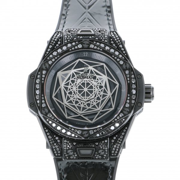 ウブロ 腕時計（レディース） ウブロ HUBLOT ビッグバン ワンクリック サンブルー オールブラック パヴェ 465.CS.1114.VR.1700.MXM18 ブラック文字盤 新品 腕時計 レディース