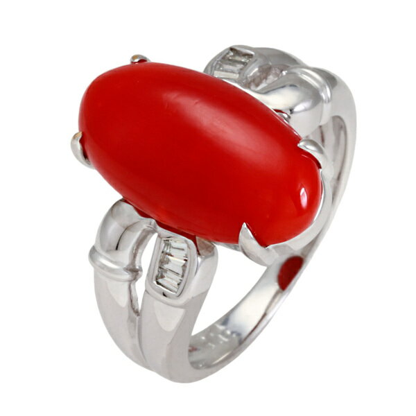 K18ホワイトゴールド サンゴ ダイヤモンド リング