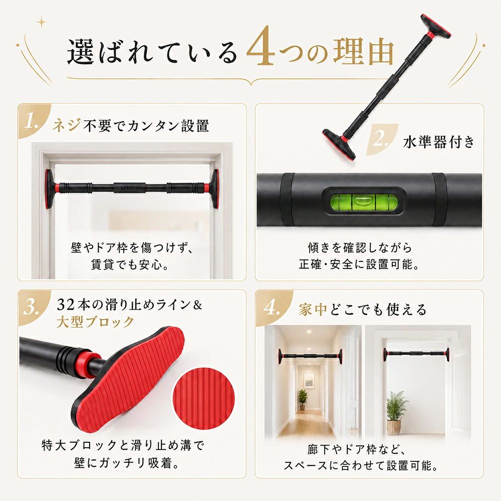 懸垂バー 自宅 懸垂 ぶら下がり健康器 水準器付き 鉄棒 室内 大人 天井 壁 廊下 突...