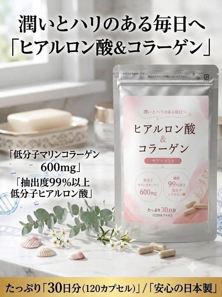商品情報広告文責(会社名・電話番号)有限会社有効微生物研究所0535947295内容量33.6gメーカー名、又は販売業者名有限会社有効微生物研究所生産国日本製商品区分健康補助食品有効微生物研究所　ヒアルロン酸＆コラーゲン120カプセル　安全性の高い乳酸菌から生まれた純度99%以上の低分子ヒアルロン酸に、低分子コラーゲンを配合し、さらに、国産豚由来のプラセンタ、ビタミンCをプラスした美容サポートサプリメントです。 低分子ヒアルロン酸と低分子マリンコラーゲンを補給。低分子ヒアルロン酸、プラセンタ、ビタミンを配合。美容を追求する女性のエッセンスとしてお薦めです。 5
