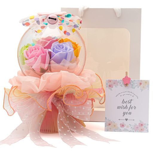 LOZIZI光るバルーンフラワーブーケledライトソープフラワーレインボーローズ枯れない花石鹸花バラアクリルボール、メッセージカード付き、手提げ付き...