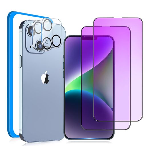 【ブルーライトカット】IPHONE14 ガラスフィルム ブルーライト[2枚]IPHONE14 カメラフィルム[2枚]アイフォン14 強化ガラス 全面保護 IPHONE14 画面保護シート 【浮かない/保護傷に強い/ あいふおん14フィルム/ガイド枠付き】
