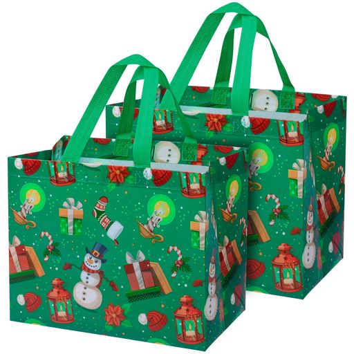 クリスマス袋手提げ不織布クリスマスラッピング袋2枚セット横型タイプ大容量おしゃれプレゼント(green)