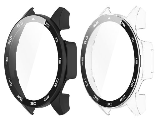 SHEAWA HUAWEI WATCH GT4 46MM用ケース カバー 2個セット PC+強化ガラスフィルム 数字印字 全面保護 9H硬度 一体型保護ケース 保護カバー 耐衝撃 アクセサリー (ブラック+透明)