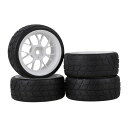 Mxfans4個入れRC1:10オンロードカーのためホワイトプラスチック製Y型ホイールリム&ブラックチェッカー柄のラバータイヤ