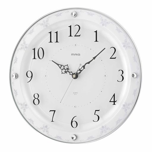 楽天YUMAshoppingmalMAG（マグ）掛け時計壁掛け時計電波時計アナログかわいいおしゃれインテリアラインストーン直径32.0cm夜間秒針停止ホワイトアデルW-777WH-Zノア精密