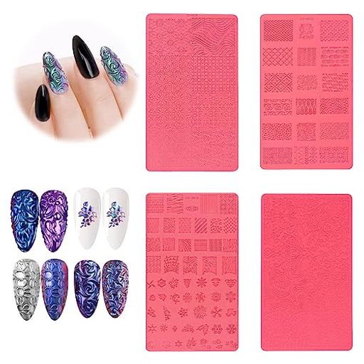 ADOFUNネイルアートモールドセットネイルスタンプマニキュアテンプレート4個3Dレリーフネイルプリントテンプレートネイルステンシルネイルアート道具サロンDIYソフトシリコンネイル彫刻…
