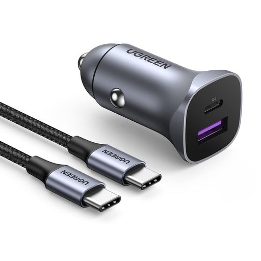 UGREENカーチャージャー【52.5W/PD30W+SCP22.5W】PD3.0/QC3.0/SCP急速充電対応30W充電パワーUSB-AとUSB-Cポート各一つDC12V-24V車類対応60WUSB-C充電ケーブル付きiPhone