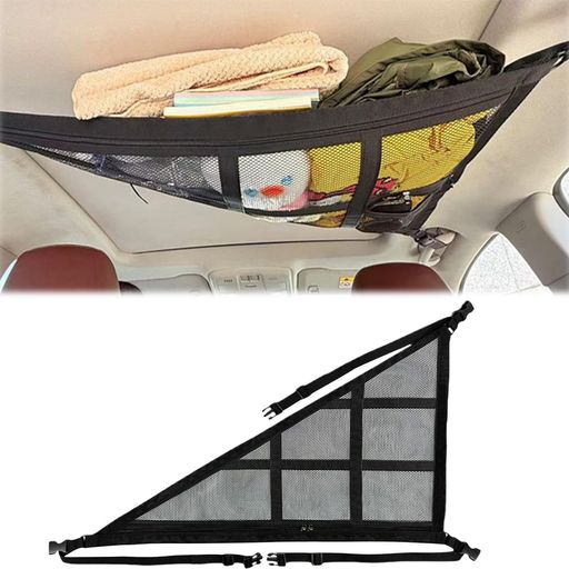 COOLLOODA車内天井収納ネット1個ブラック80x55CM2層タイプファスナー付き荷物落下防止バックル固定調整可能カーゴネットラゲッジネット車用収納