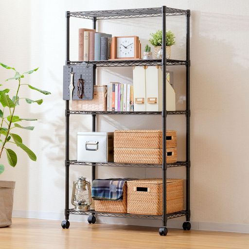 ドウシシャルミナスノワールラック5段幅80奥行40キャスター付きウッドシート付きスチールラック黒ブラック収納棚おしゃれサビに強い組立簡単幅81x奥行41x高さ151cmポール径25mm耐荷重80kgEHN…