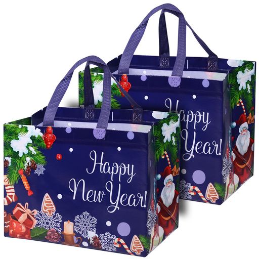 クリスマス袋手提げ不織布クリスマスラッピング袋2枚セット横型タイプ大容量おしゃれプレゼント(blue)