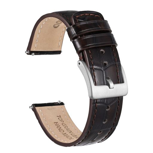 時計バンドの素材:トップグレインレザー(TopGrainLeather)で作られる時計バンドは滑らかな表面があり、耐久性、通気性があります。時間が経つにつれて、独特の光沢が形成されます。内側も良い肌触りのレザーをしようし、貴方の手首にぴったりとフィットします。 時計バンドの外観:表面には生々しいクロコダイル柄があります。この柄は均等で、視覚のレイヤーと楽しさを追加します。時計バンドは滑らかで耐久性があるステンレススチール尾錠と漆塗りのエッジをデザインして、全体の実用性を高めます。 カラー:この腕時計バンドは4色(カーキブラウン、ゴールデンブラウン、ダークブラウン、グリーン)、2色の尾錠(シルバー、ブラック)を提供します。好きなカラーを選んで時計を飾ることができます。 サイズ:この時計バンドは、ラグ幅が18mm、20mm、22mmのスプリングバーがる時計に適します。バンドの長さは75mm+125mm、170-210mm(6.7-8.3inch)の手首にフィットします。 インストールが簡単:クイックリリースにより、時計が正確で安全に取り付けることができます。取り付けと取り外しは数秒で簡単に終わります。