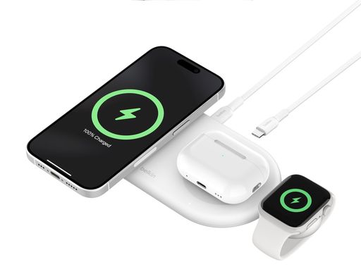 Belkin3in1ワイヤレス充電器Qi2公式認証/MagSafe対応iPhone1716~12/スマートフォン(最大15W高速充電)AirPods/ワイヤレス充電対応イヤホン(5W充電)Applewatch対応