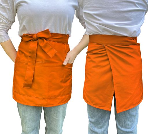 [H.SHENG] レディースシェフエプロン 腰下エプロン 女性用 メンズ ショート 腰巻き カフェ サロンエプロン ベーシック 台所調理用 前掛け 防油 防汚 FZ008-ORANGE