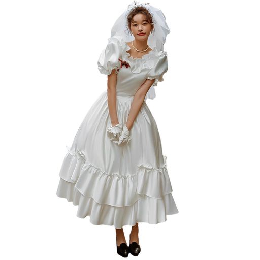 [R-QINYUER]レディースウェディングドレス白ウエディングドレス花嫁ワンピース前撮りドレスパーティードレス膝丈ロングドレス花嫁ドレスエンパイアライン結婚式ブライダルパフスリーブ…