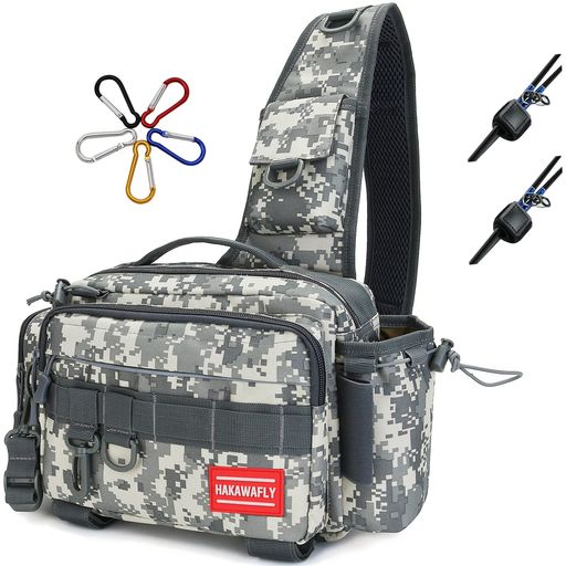 HAKAWAFLYフィッシングバッグ5WAYロッドベルト2点とカラビナ5点付き釣りバッグ防水タックルバッグ多機能大容量ランガンバッグ(グレーカモフラージュ)