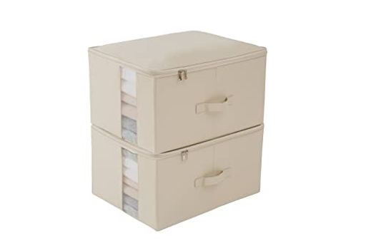 TIANZONG収納ボックス収納ケース大容量衣類収納折りたたみ取っ手付きふた付きおしゃれ布製衣装ケース透明窓付きファスナー(ベージュ幅45x奥行35x高さ25cm2点セット)