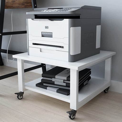 PUNCIAプリンター台2段幅50x奥行50x高さ32cm木製ワゴンキャスター付き収納棚大型コピー機対応レーザープリンタFAX機適用机下に置ける省スペース設計75kg耐荷重簡単組立オフィス・家庭用多機…