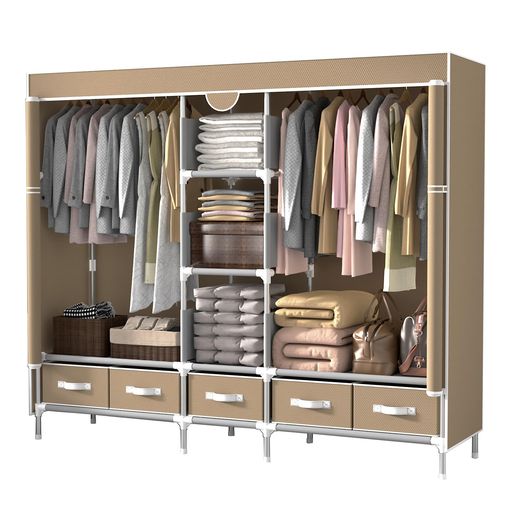 ワードローブ引き出し5つ付き大容量収納クローゼットおしゃれ不織布簡単組立式ハンガーラック収納棚防..