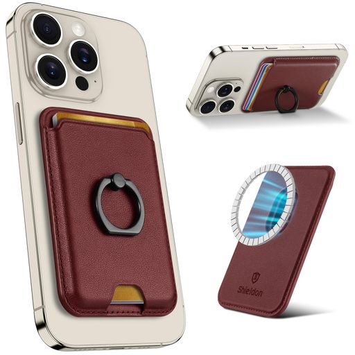 [SHIELDON]カードケーススマホスタンド本革スマホリング落下防止磁力吸着3枚収納可[RFIDブロッキング]横置きスタンド機能磁力ケースとiPhone16/16Plus/16Pro/16Pro