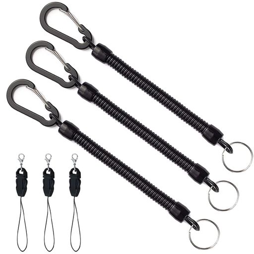 [サムコス]カールコードストラップコイルストラップ伸びる丈夫キーストラップ携帯ストラップ落下防止盗難防止紛失防止ワンタッチ着脱ブラック(3本セット)(2)
