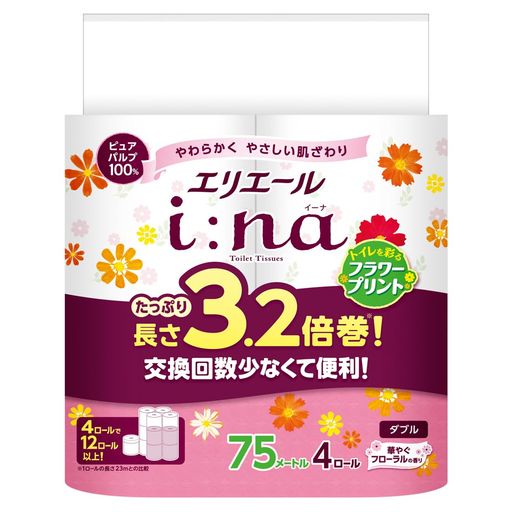 エリエールトイレットペーパーi:na(イーナ)フラワープリント3.2倍巻き75mx4ロールダブルパルプ100%華やかなフローラルの香り