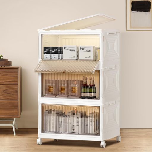 ホームブリス収納ボックス蓋付き積み重ね衣装ケース折り畳み収納ケース前開きマグネット式扉キャスター付き多機能組立簡単透明おしゃれ小物/衣類/おもちゃ/書類/靴/化粧品省スペース…