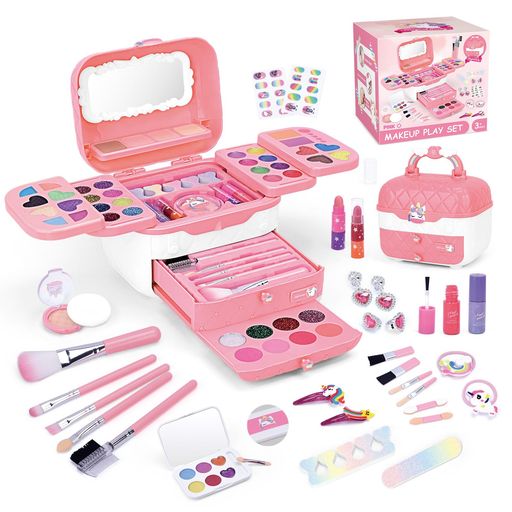 BOBBLYFUN 72点 子供 ピンク 女の子メイクセット ユニコーン プレゼント 誕生日 3 4 5 6 7 8 9 10歳 おままごとセット キッズコスメ 女児 お化粧セット 水で落ちる アイシャドウ ネイルポリッシュ リップスティック チーク