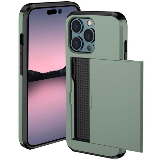 MuZiFiPhone16ProMax用ケースカード収納耐衝撃構造米軍耐衝撃全面保護擦り傷防止PC背面収納アイフォン16ProMax用カバーケース(iPhone16ProMax用グリーン)