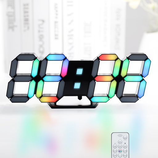 KOSUMOSU多色デジタル時計7色LED時計ネオン壁掛け時計RGB置き時計明るさ調整可能リモコン付き15インチ時間表示(12/24時間)/日付/温度(°C/°F)アラーム機能ACD-215E...