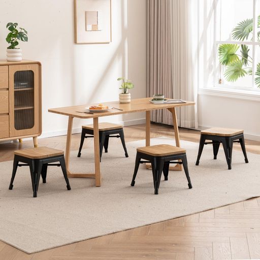 YOUNUOKEローチェアスタッキングチェア4脚セット完成品低めの木製座面ブラック金属脚座面高30.5cm背も..