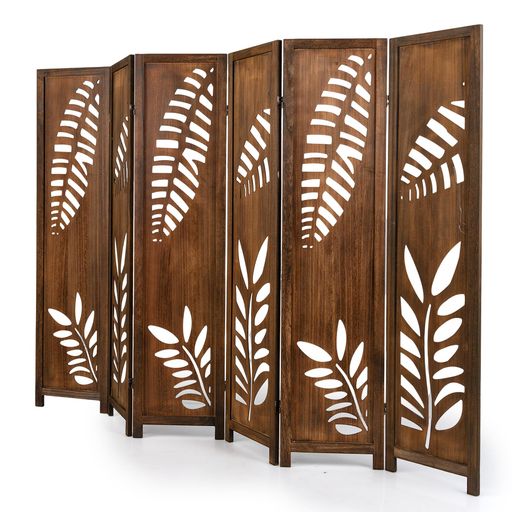 GYMAXパーテーション6連折りたたみ桐木製幅240x奥行2x高さ165cm間仕切りおしゃれ葉型デザインボヘミア..