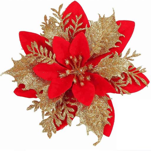 Bacucineクリスマス造花24個入りクリスマスツリー飾り装飾花オーナメント人工花ポインセチアデコレーションラメ入りキラキラクリスマスリース花輪自宅店舗玄関室内飾り(赤)