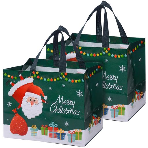 クリスマス袋手提げ不織布クリスマスラッピング袋2枚セット横型タイプ大容量おしゃれプレゼント(blackishgreen)