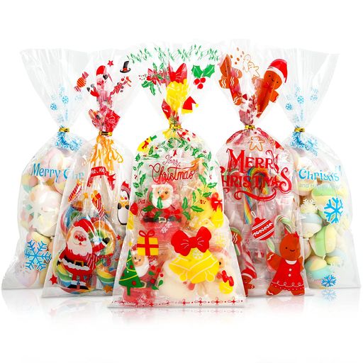 GWHOLEクリスマスプレゼントラッピッグ袋100枚透明OPP袋雪の結晶サンタジンジャーブレッドマンクリスマ..