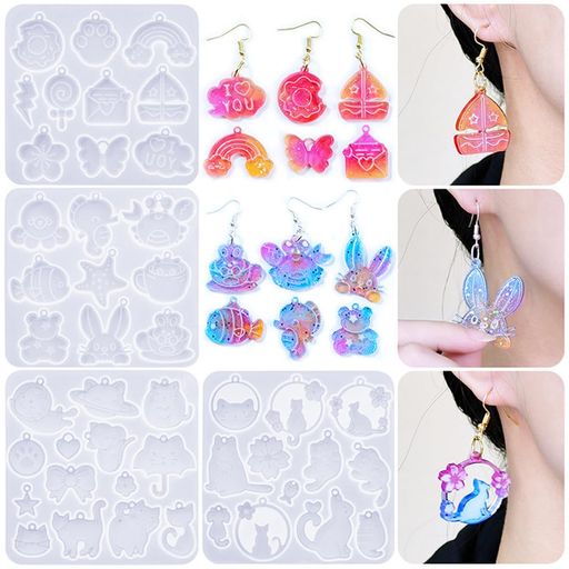 FineInnoシリコンモールドキュート猫4セット耳飾りペンダントピアスレジン型ネコ蝶虹キャンディうさぎ..