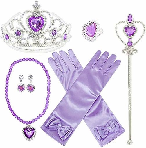 [BE-UNIQUE]プリンセスアクセサリーおもちゃセットティアラブレスレットネックレススティックイヤリングリング手袋変身なりきり子供コスチューム用小物パーティーに最適6点セット(パー…