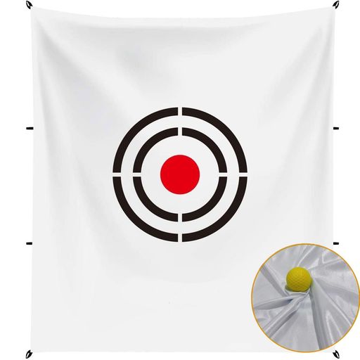 使い勝手の良いサイズ展開:1.2m*1.5m、家庭の壁やガレージ、屋外の練習ネット、プロ施設の張り替え用ターゲットなど、あらゆる設置スペースにバランス良く適合する最適サイズ。コンパクトでスペースを取らずながら、十分な練習領域を確保し、初心者の方は自宅で手軽に練習でき、上級者や施設向けにも耐用性の高い実用設計となっています。 高品質印刷で赤と黒のコントラストの強いターゲットを再現。暗い環境でもはっきり見え、フェアウェイ狙いやグリーンアプローチの練習に最適化。色褪せにくいため、長期使用しても視認性が損なわれません。 静音・耐久性能抜群のビロード生地:高密度ビロード素材を使用し、ゴルフボールの強い衝撃を吸収しながら、打球時の音を最小限に抑えます。自宅での練習でも「バタン」という音が気にならず、周囲への配慮ができます。 簡易固定システム:まとの左右に「ループ穴」を配備。付属のロープを使って、木枠・練習ネット・壁面などに簡単に固定。風でズレたり、落下する心配なしに安定した練習環境を実現します。 全力スイングも耐える衝撃吸収力:高密度織りの生地が衝撃を分散し、強い打球でもターゲット本体に負担をかけずに長寿命化。