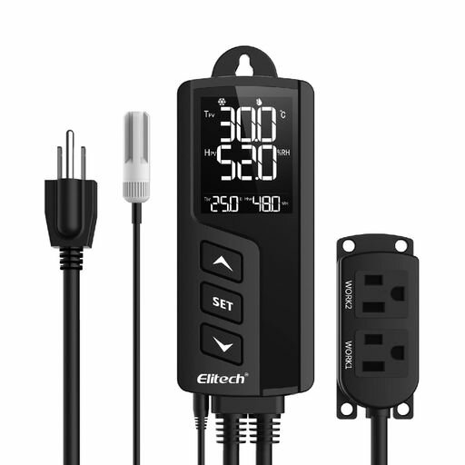 Elitech温度湿度コントローラー温湿度サーモスタット温室植物用配線済みデジタルサーモスタット湿度計..