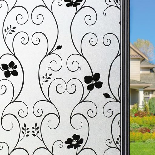 Qualsen窓用フィルムステンドグラスシール窓目隠しフィルムすりガラス調黒花柄静電気吸着タイプUVカット貼り直し可能0.6MX2M