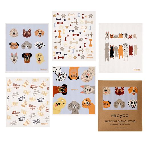 Recycoキッチンクロスセルロースクロス17x19cmふきん5枚セット天然繊維スポンジワイプワンちゃんぐんぐん吸水速乾耐久性吸水クロスキッチンタオル抗菌防臭断熱マット