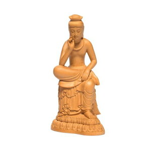 繁樓藝雕仏像弥勒菩薩半跏思惟像木彫り仏壇仏像置物桧木製原木色(高さ12cmx巾5.5cmx奥行7cm)(原木色)