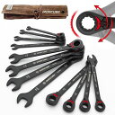 ラチェットレンチDIY工具整備士用72歯収納便利:リバーシブルレンチセット12本組8-19mm-タフブラック仕上げCR-V鋼製IRONCUBEワックスポーチ付き父の日プレゼントに最適