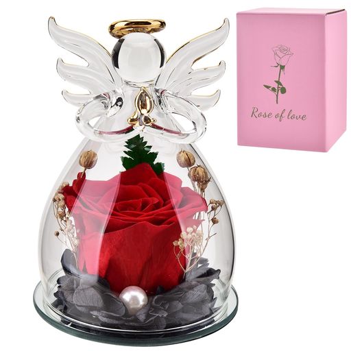 プリザーブドフラワー エンジェル バラ プレゼント 誕生日・ブリザードフラワー プレゼント ガラスエンジェルドーム・母の日・女性・人気・結婚祝い・記念日・お見舞い - ぶりざーどフラワー プレゼント ギフト (レッド)