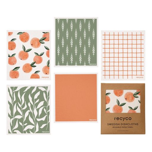 Recycoセルロースふきんクロス5枚セットキッチンクロス17x19cm天然繊維台拭き防臭スポンジワイプフルーツももぐんぐん吸水速乾耐久性ランチョンマットキッチンタオル抗菌断熱マット