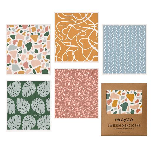 Recycoキッチンクロスセルロースクロス17x19cmふきん5枚セット天然繊維スポンジワイプUrbanBohoテラゾぐんぐん吸水速乾耐久性吸水クロスキッチンタオル抗菌防臭断熱マット