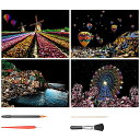 LIANHATAスクラッチアート4枚入スクラッチ極細ペン付き21*29CMA4サイズスクラッチペーパーレインボー絵夜景花火観覧車花畑彫刻アートDIY削るだけで美...