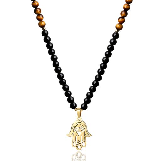 [コアイ]COAIタイガーアイオブシディアンハムサの手108玉数珠ネックレスユニセックス