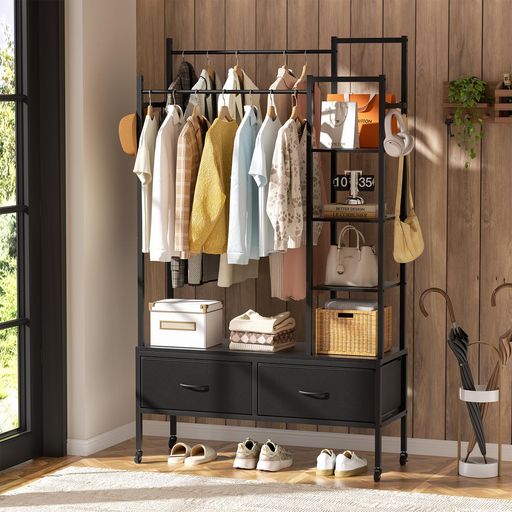 Naoticoハンガーラックスリム頑丈引き出し付きワードローブ収納付き収納付き2段洋服ラック衣装棚コート..